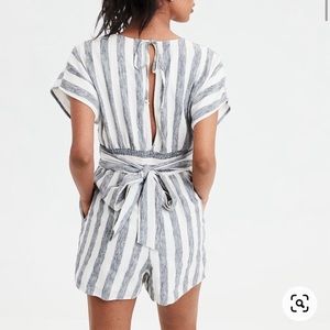 AE gray and white striped romper with tie in the back, size XS